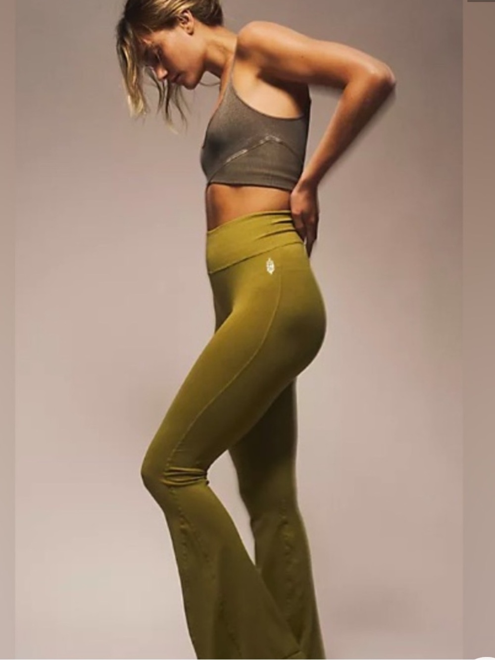 Free People Olive Green High Waisted Flare Leg Yoga Pants